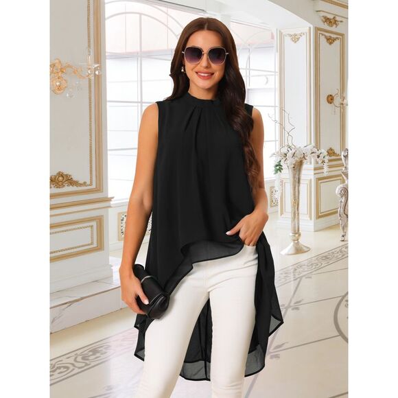Casual Tie Back Asymmetrical Sleeveless Mock Neck Flowy Blouse Tops Black - Picture 5 of 6